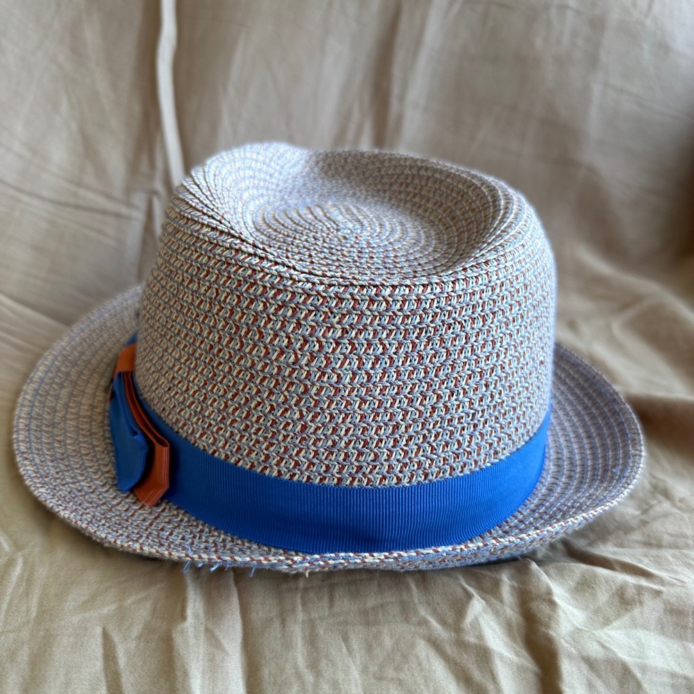 STETSON Sun Guard Summer Toyo Straw Hat Pork Pie Hat Blue Orange Accents - Picture 3 of 8